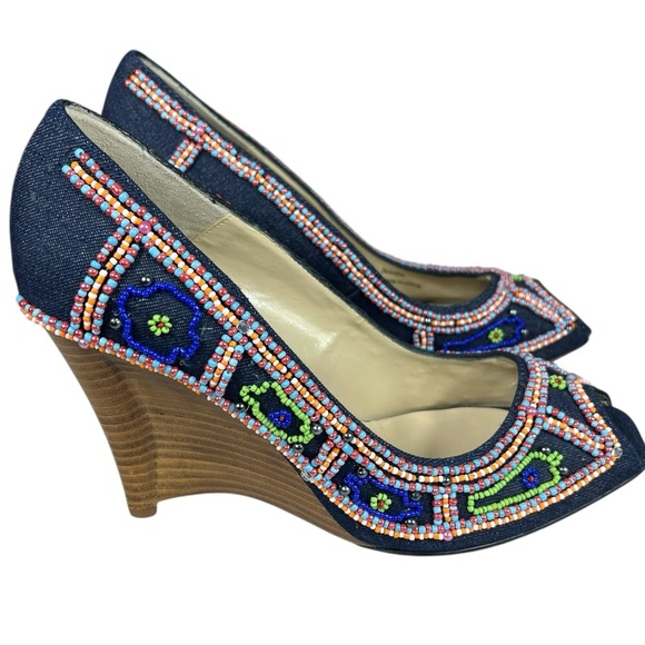 Jessica Bennett Jkirabu Beaded Denim Peep Toe Wedge Heels Beaded Wooden Platform - Picture 6 of 13